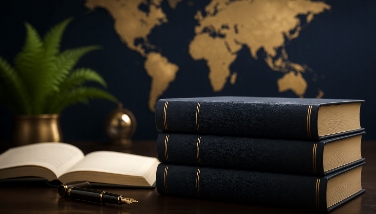 Stack of navy books and an open book in front of a gold world map