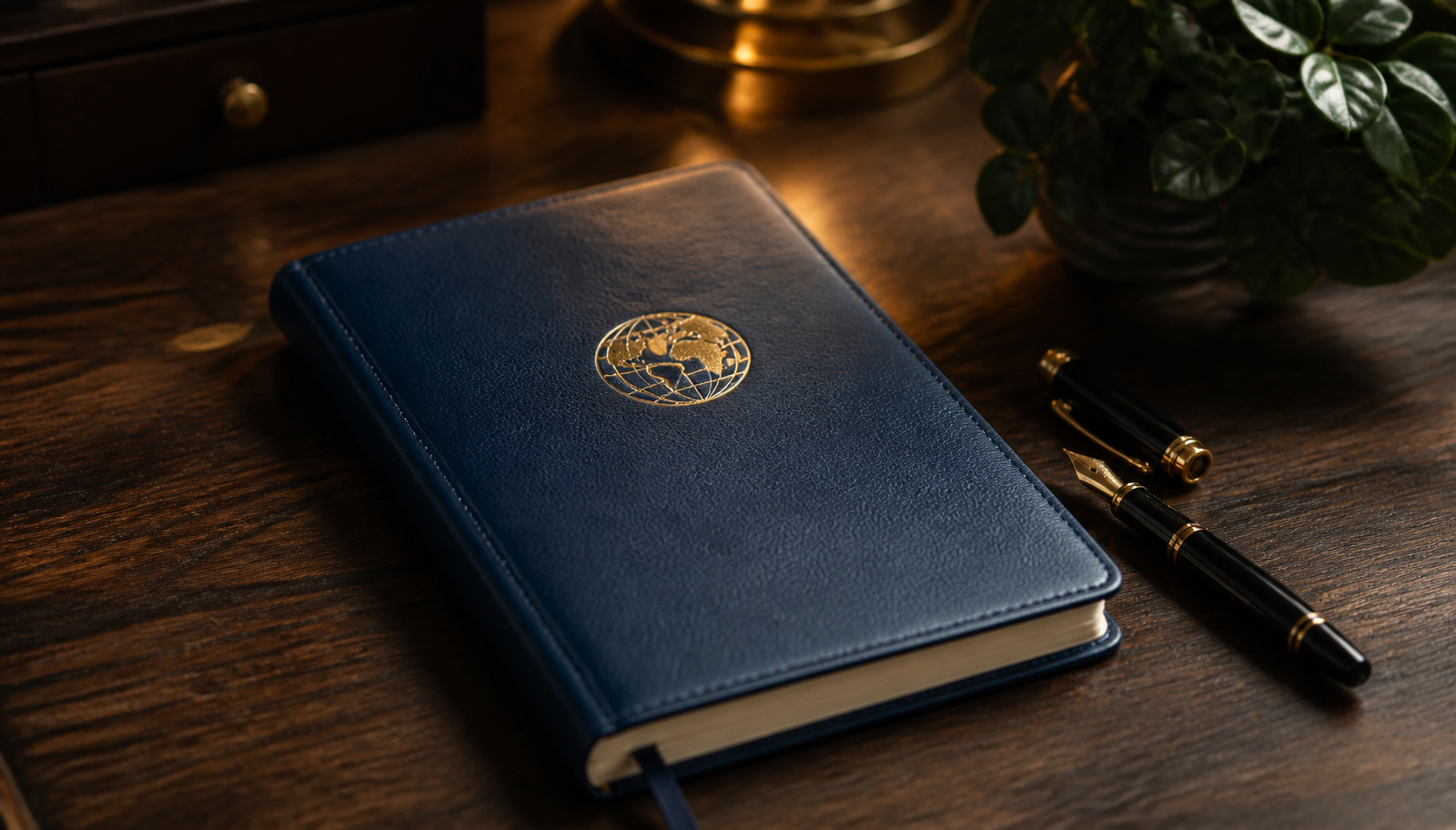 Navy leather notebook with a gold globe emblem beside a fountain pen