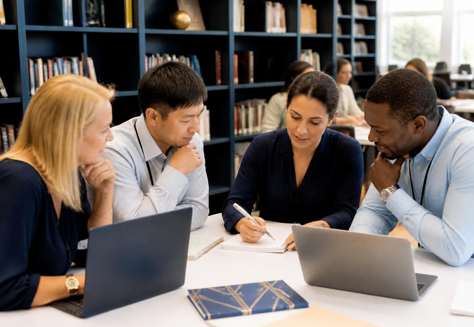 IB educators collaborating around a table in a school library